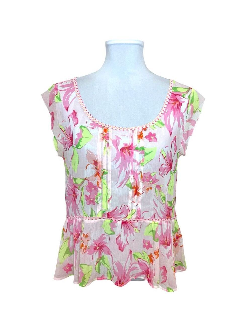 Hollister Sheer Romantic Floral Peplum Hem Blouse Pink Size Medium